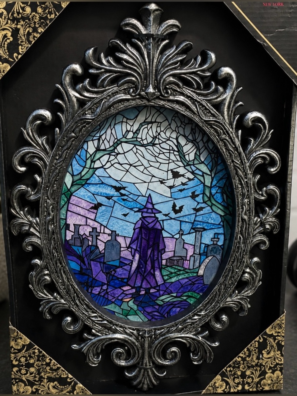 Christian Siriano Halloween Witch Cemetery Faux Stained Glass Framed Wall Art